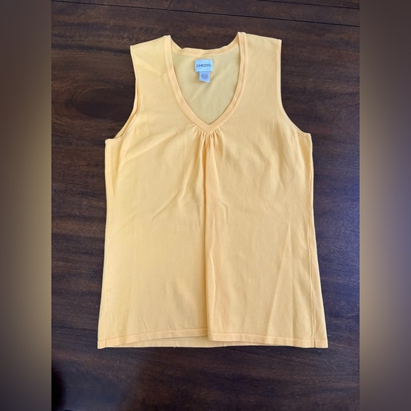 Chico's Shirred VNeck  Knit Tank Womens 2 L Yellow Top Shirt Rayon Blend - Picture 1 of 7